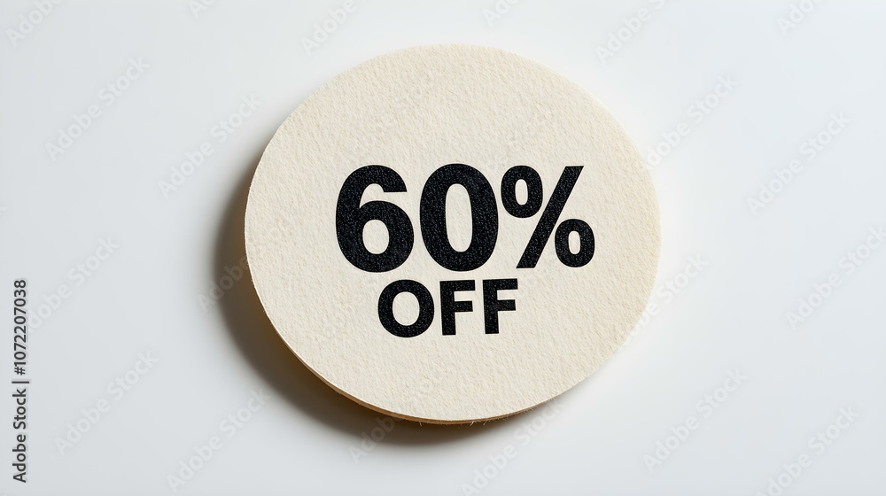 Black '60% OFF' Text on a Ivory Round Paper Note. White Background with Copy Space Black '60% OFF' Text on a Ivory Round Paper Note. White Background with Copy Space