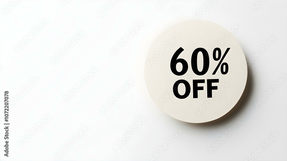 Black '60% OFF' Text on a Ivory Round Paper Note. White Background with Copy Space Black '60% OFF' Text on a Ivory Round Paper Note. White Background with Copy Space