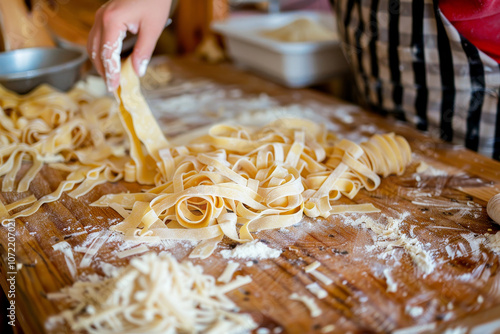 Cuoca italiana prepara l'impasto per la lasagna fatta in casa, tagliando con cura le strisce di pasta e disponendole su un grande tavolo di legno photo