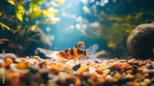 Colorful dojo loach at the bottom of a tank, gravel substrate 