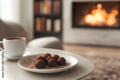 Close-up of a modern plate with cocoa-dusted truffes au chocolat and a cup of coffee on a sleek coffee table in a stylish apartment. A fireplace and cozy library add warmth photo