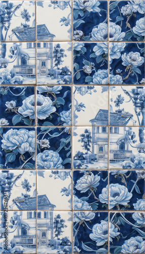  Vintage Delft Blue Ceramic Tile Pattern with Historical Motifs and Houses photo