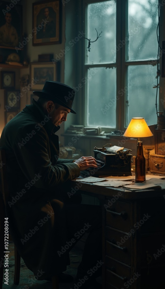 Mysterious Man in Trench Coat Typing on Antique Typewriter at Desk Mysterious Man in Trench Coat Typing on Antique Typewriter at Desk