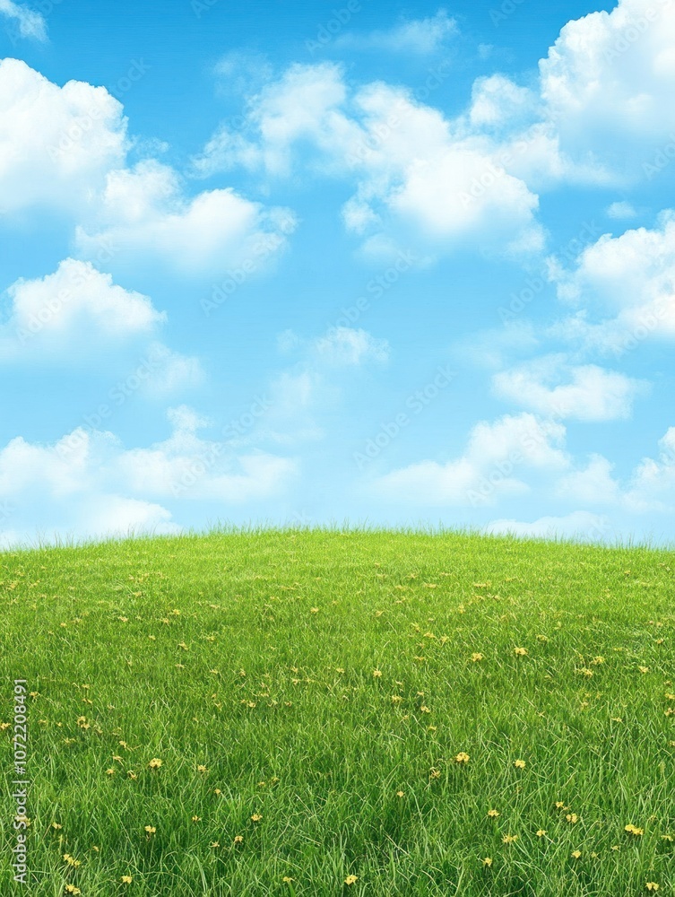 Obraz premium A serene landscape featuring a grassy hill under a bright blue sky with fluffy clouds.