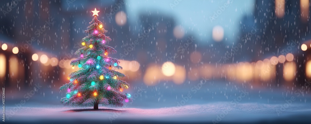 A beautifully lit Christmas tree stands in a snowy street, surrounded by a tranquil, festive atmosphere as soft snowfall enhances the holiday spirit. A beautifully lit Christmas tree stands in a snowy street, surrounded by a tranquil, festive atmosphere as soft snowfall enhances the holiday spirit.
