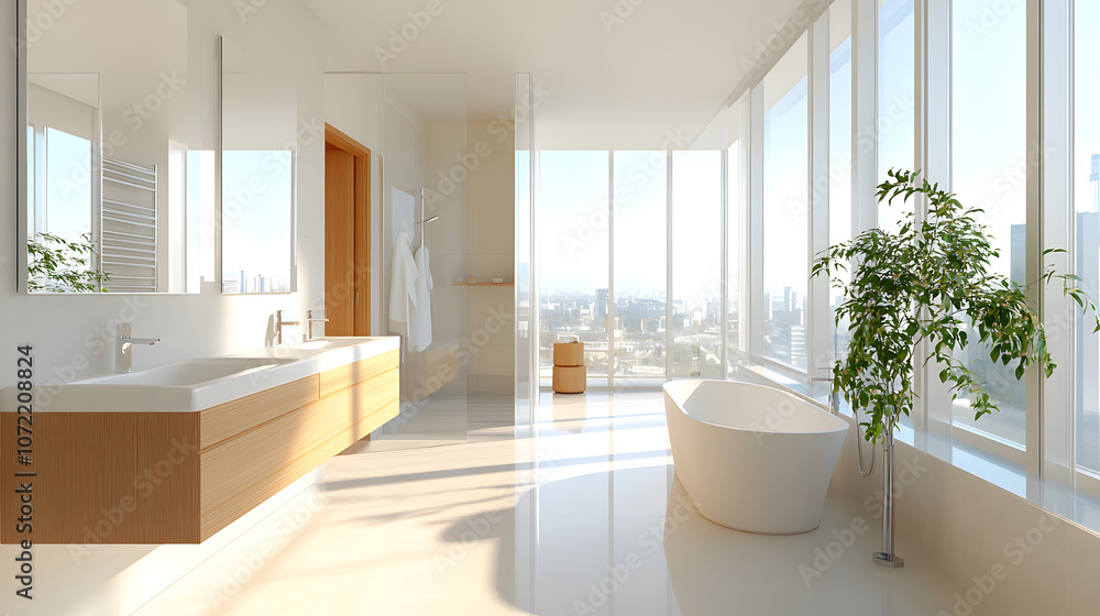 Modern bathroom with floor to ceiling windows, natural light, and greenery Modern bathroom with floor to ceiling windows, natural light, and greenery