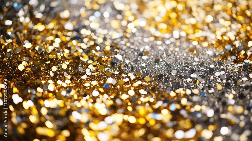 Elegant gold and silver confetti swirling around vibrant New Year's Eve decorations, clean, celebratory atmosphere Elegant gold and silver confetti swirling around vibrant New Year's Eve decorations, clean, celebratory atmosphere