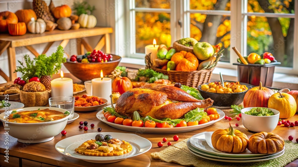 A festive holiday table adorned with a delicious turkey surrounded by seasonal dishes and autumn decorations in a cozy setting A festive holiday table adorned with a delicious turkey surrounded by seasonal dishes and autumn decorations in a cozy setting