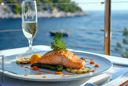 Un filetto di salmone dorato, su un letto di asparagi e zucchine grigliate, con fette di limone ed erbe fresche, servito in un elegante ristorante sulla costa, con vista sul mare photo