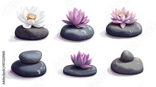 A serene arrangement of lotus flowers on smooth stones, symbolizing tranquility and balance.