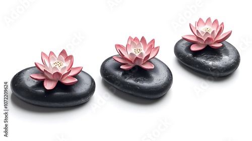 Three pink lotus flowers on black stones, symbolizing tranquility and balance.