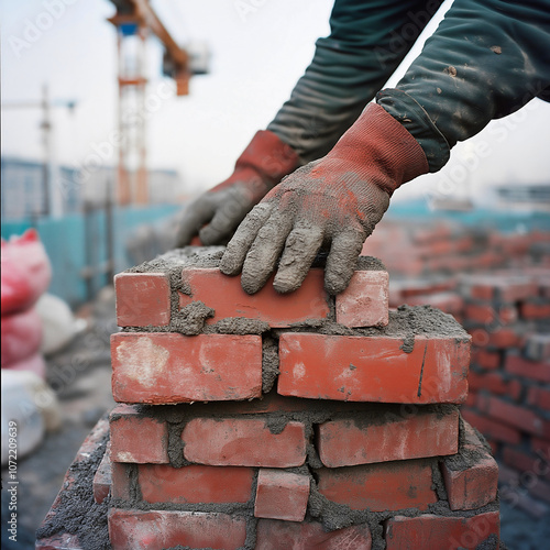 A bricklayer, hands gloved and coated with mortar, skillfully places each red brick with accuracy at a bustling construction site under the morning sky photo