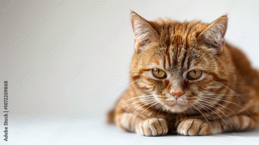 Obraz premium A ginger cat is sitting on a white table looking at the camera