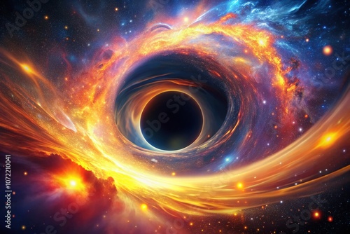 Dynamic Abstract Visualization of a Black Hole with Swirling Energy and Fiery Vortex in Stunning Bokeh Effect for Cosmic Exploration and Artistic Interpretation