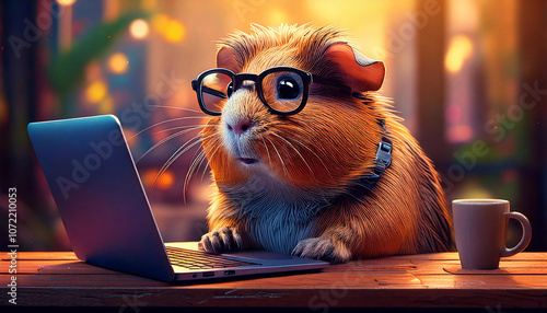 Cute Guinea Pig - big glasses geek with laptop and coffee