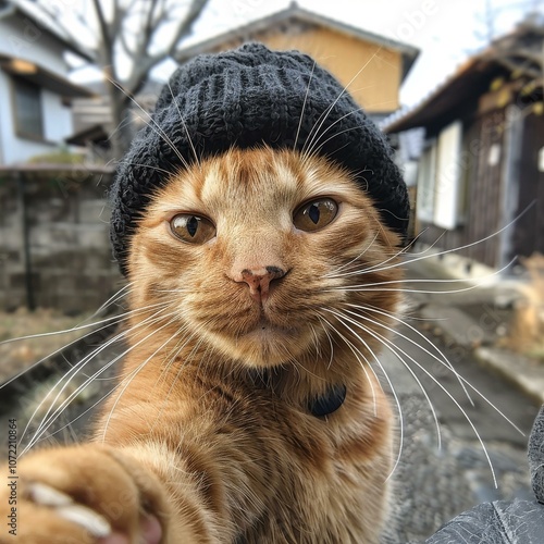 Ginger cat wearing a black beanie photo