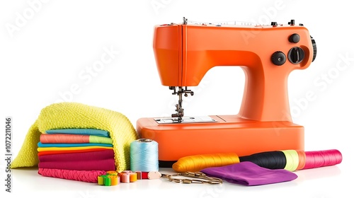 A bright orange sewing machine with colorful fabrics and accessories for crafting. photo