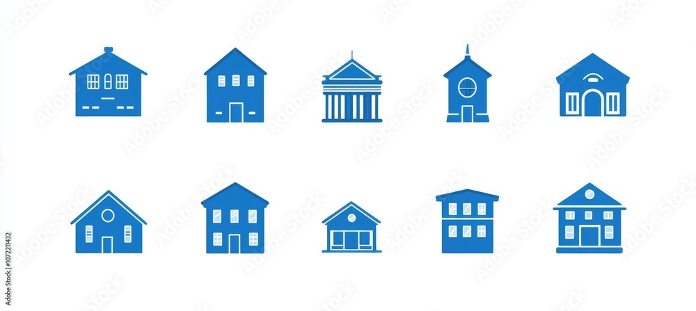 Simple Vector Icons of Buildings: Home Office, School, Church, Police Station, Restaurant, Library in Minimalist Style Simple Vector Icons of Buildings: Home Office, School, Church, Police Station, Restaurant, Library in Minimalist Style