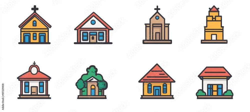 Fototapeta premium Simple Vector Icons of Buildings: Home Office, School, Church, Police Station, Restaurant, Library in Minimalist Style