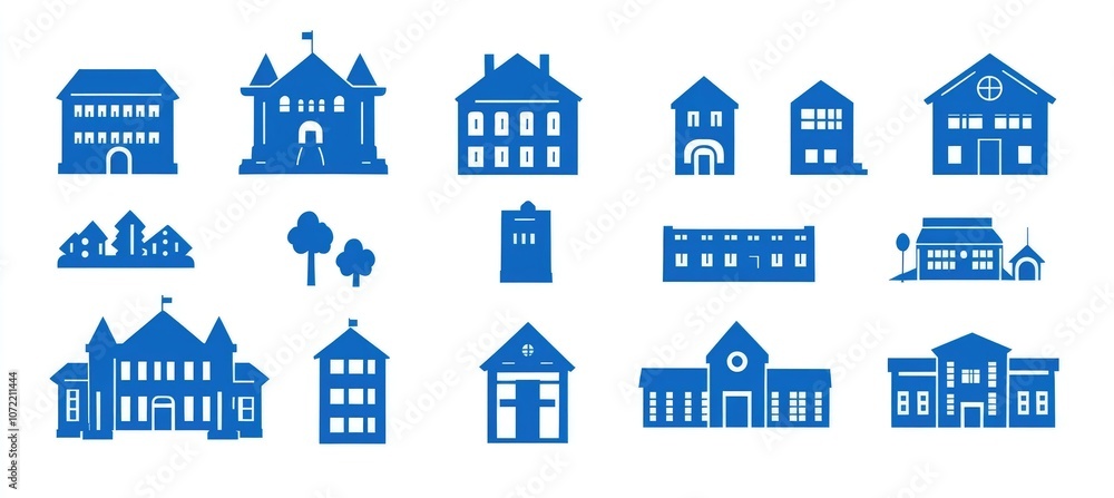 Simple Vector Icons of Buildings: Home Office, School, Church, Police Station, Restaurant, Library in Minimalist Style Simple Vector Icons of Buildings: Home Office, School, Church, Police Station, Restaurant, Library in Minimalist Style