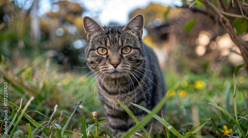 Wallpaper Mural A cat is walking in the grass and looking at the camera Torontodigital.ca