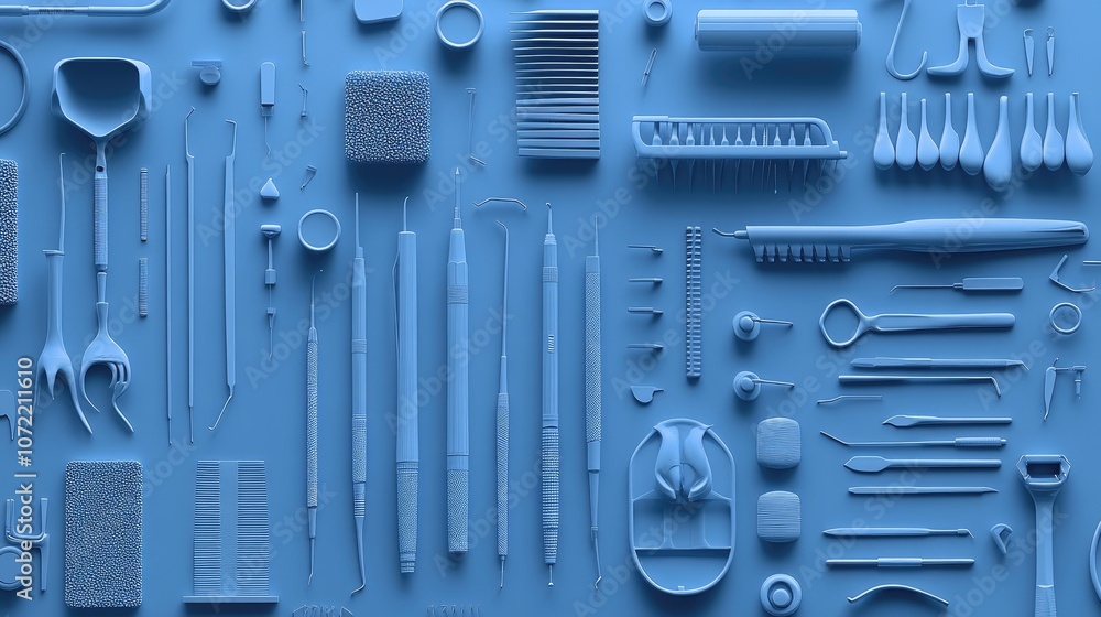 Fototapeta premium Collection of Dental Tools and Equipment Arranged on a Blue Background Showcasing Various Instruments for Oral Hygiene and Dental Procedures