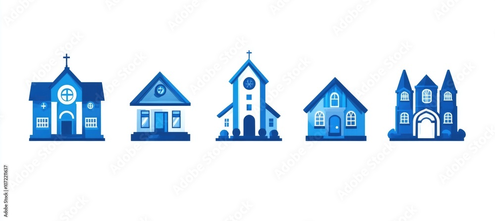 Simple Vector Icons of Buildings: Home Office, School, Church, Police Station, Restaurant, Library in Minimalist Style Simple Vector Icons of Buildings: Home Office, School, Church, Police Station, Restaurant, Library in Minimalist Style