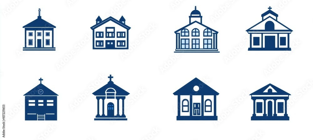 Simple Vector Icons of Buildings: Home Office, School, Church, Police Station, Restaurant, Library in Minimalist Style Simple Vector Icons of Buildings: Home Office, School, Church, Police Station, Restaurant, Library in Minimalist Style