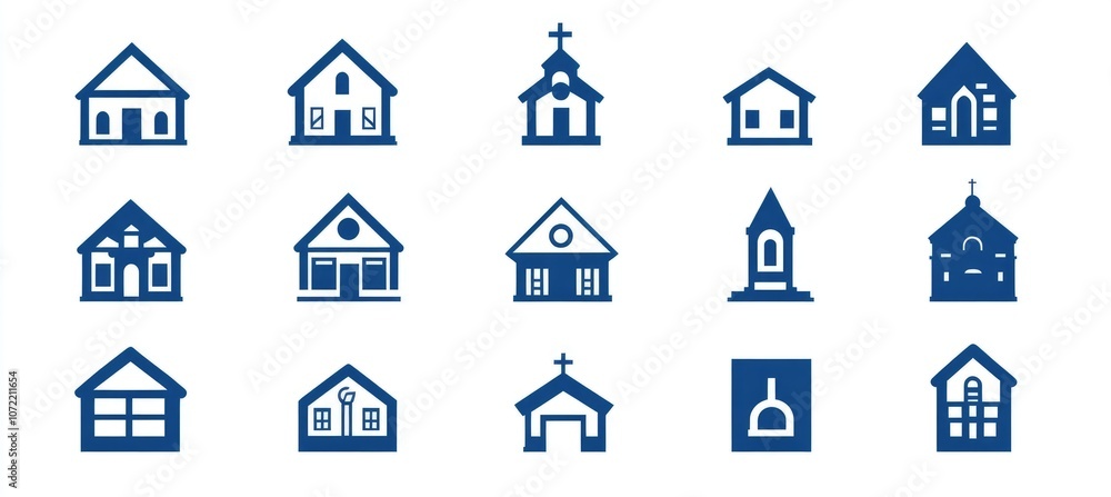 Simple Vector Icons of Buildings: Home Office, School, Church, Police Station, Restaurant, Library in Minimalist Style Simple Vector Icons of Buildings: Home Office, School, Church, Police Station, Restaurant, Library in Minimalist Style