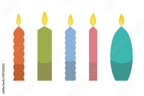 Colored candles set different shapes,burning bright flames,birthday festive mood design,decoration for holiday anniversary.Isolated.Vector illustration.