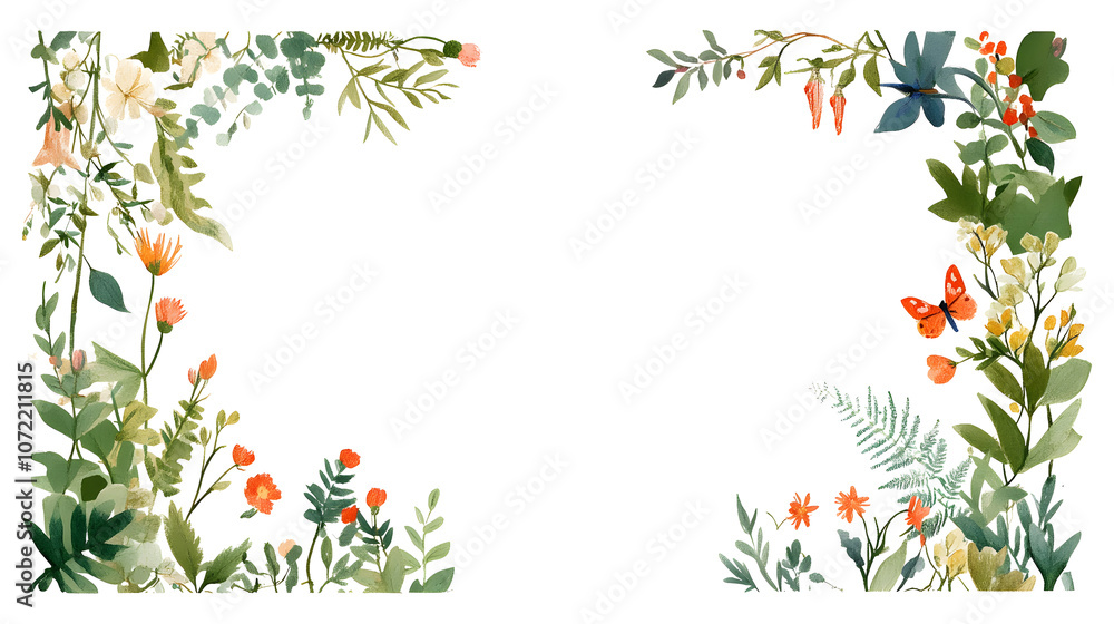 Fototapeta premium Floral border design with colorful flowers and greenery, perfect for invitations