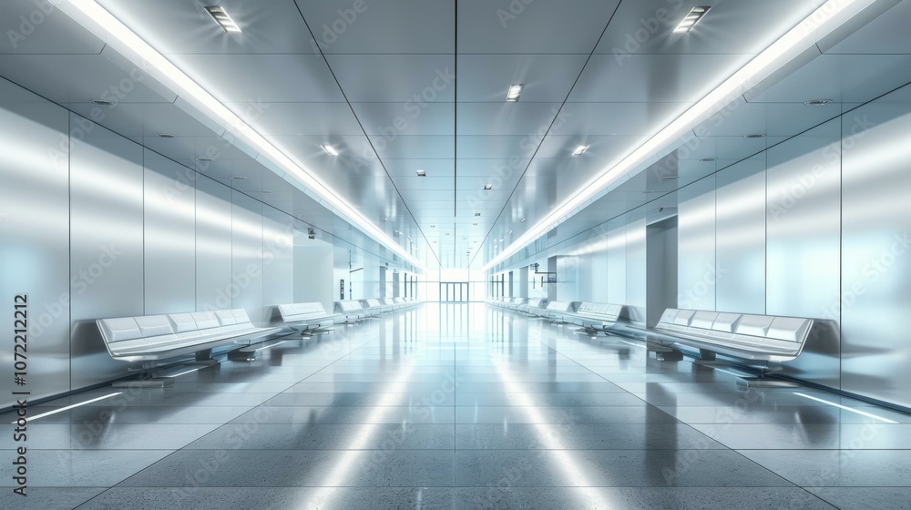 Futuristic empty airport terminal interior with bright lights Futuristic empty airport terminal interior with bright lights