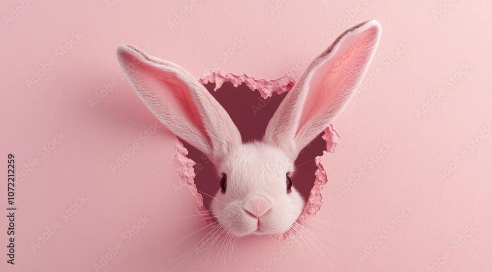 Fototapeta premium Bunny ears peeking out of a hole in pastel pink wall 