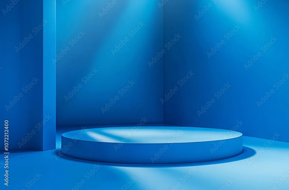 Blue Circular Platform in a Blue Room with Light Beam Blue Circular Platform in a Blue Room with Light Beam