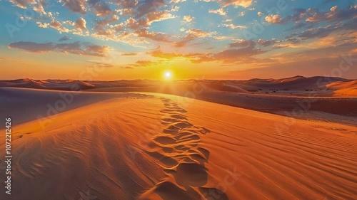 Stunning sunset over desert dunes with footprints in the sand