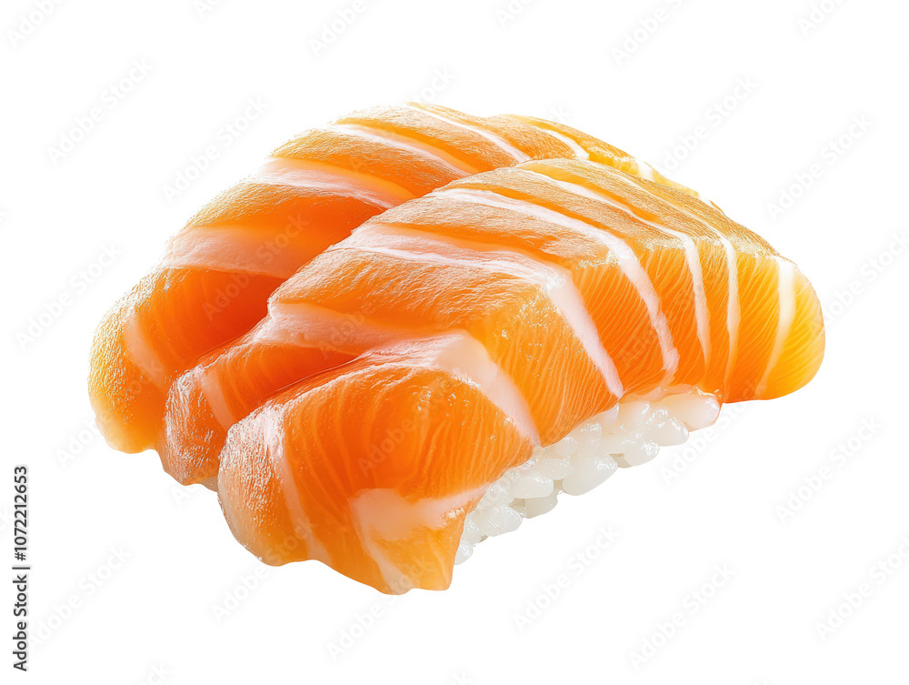 Delicious slices of fresh salmon sushi on a white isolate background. Delicious slices of fresh salmon sushi on a white isolate background.