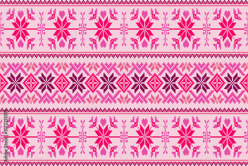 Motifs African boho paisley Floral Ikat pattern embroidery border.Border indian floral Aztec embroidery border seamless patterns.Pixel Art Fabric background Pattern with Geometric Square.