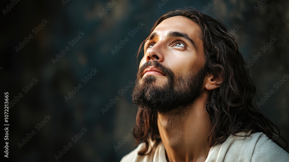 Photorealist portrait of Jesus Christ looking up. Photorealist portrait of Jesus Christ looking up.