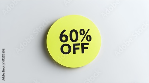 Black '60% OFF' Text on a Light Green Round Paper Note. White Background with Copy Space