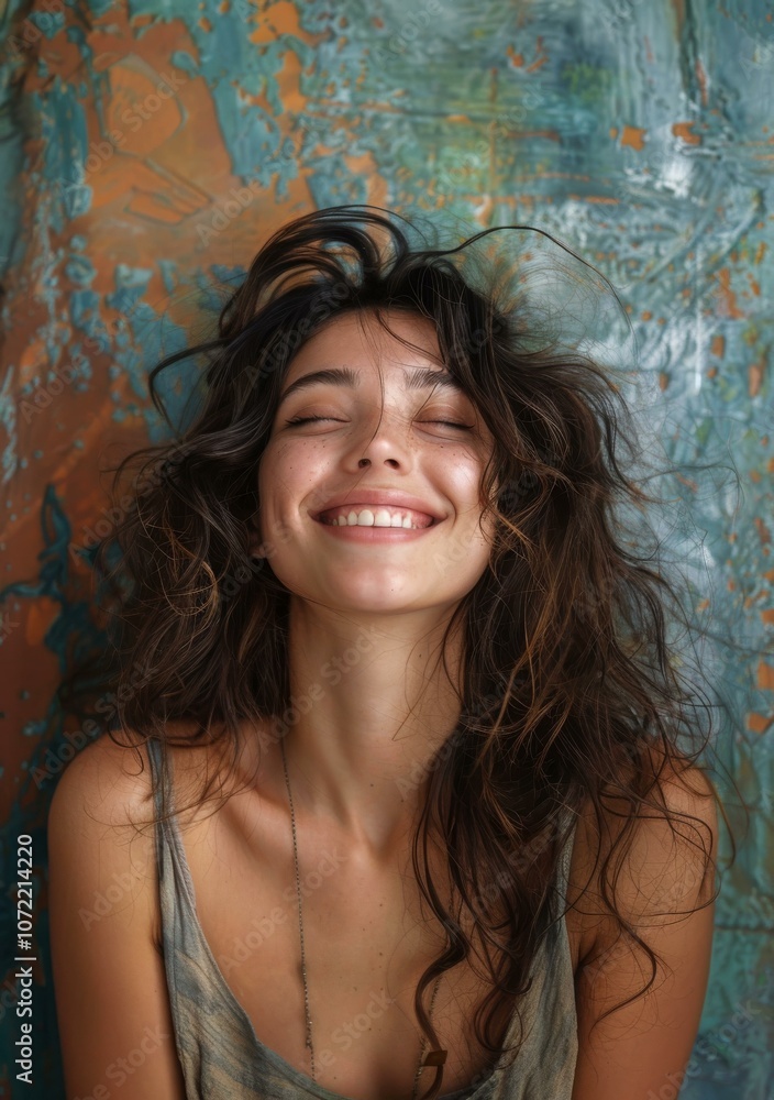 Smiling Woman with Wavy Hair Against a Textured Background Smiling Woman with Wavy Hair Against a Textured Background