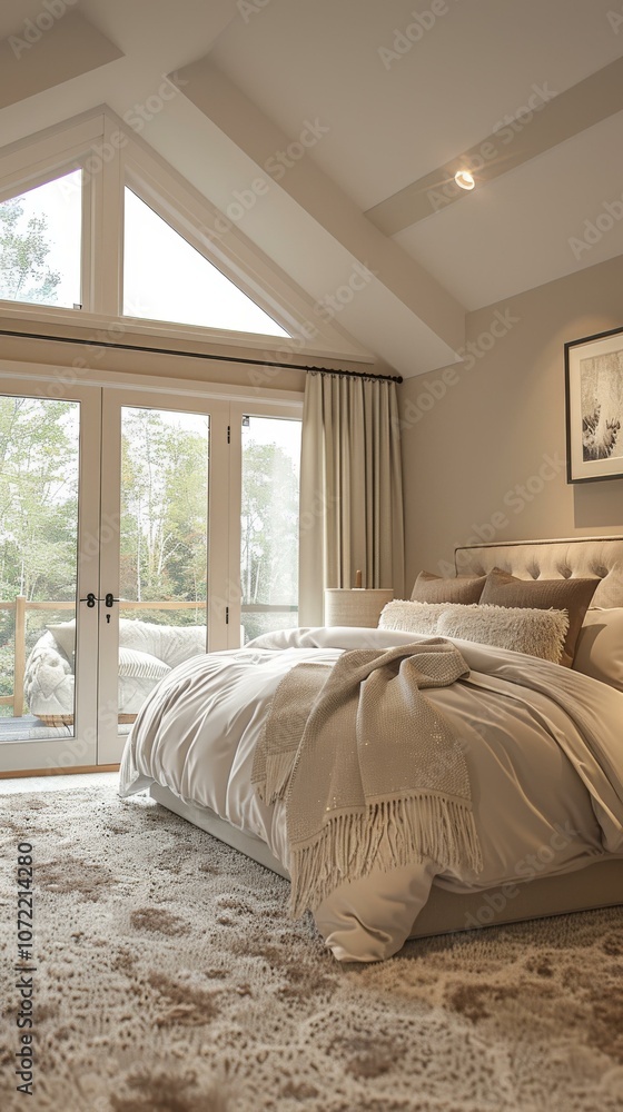 Fototapeta premium Cozy Modern Bedroom with Large Window