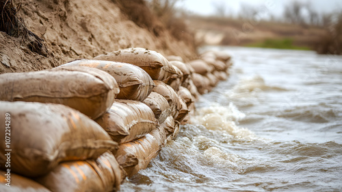 Sandbags Placed Along a Riverbank to Prevent Flooding and Erosion, Captured in a Serene Natural Landscape with Gentle Ripples of Water photo