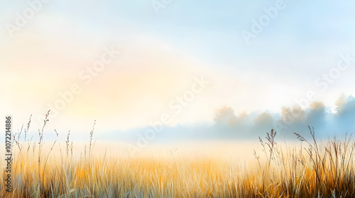 tranquil scene of fog over field of tall grass, evoking calmness