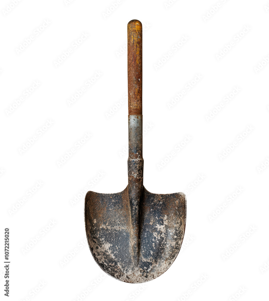 Rusty garden shovel on white isolated background, perfect for gardening enthusiasts.