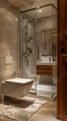 Modern Bathroom with Walk-in Shower and Toilet photo