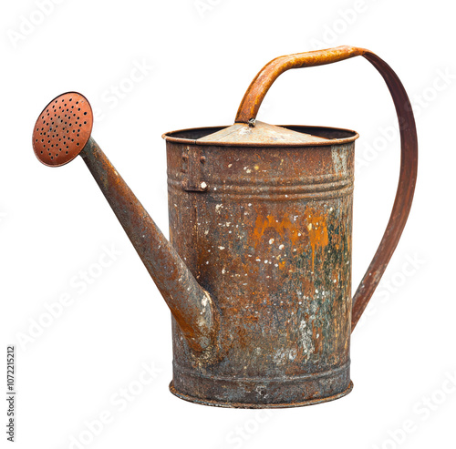 Rusty vintage watering can isolated on a white background, perfect for gardening or home decor. photo