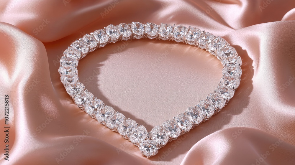Fototapeta premium Elegant Heart-Shaped Diamond Necklace Laying on Soft Satin Fabric, Perfect for Luxury Jewelry Promotions, Romantic Gifts, or Fashion Editorials