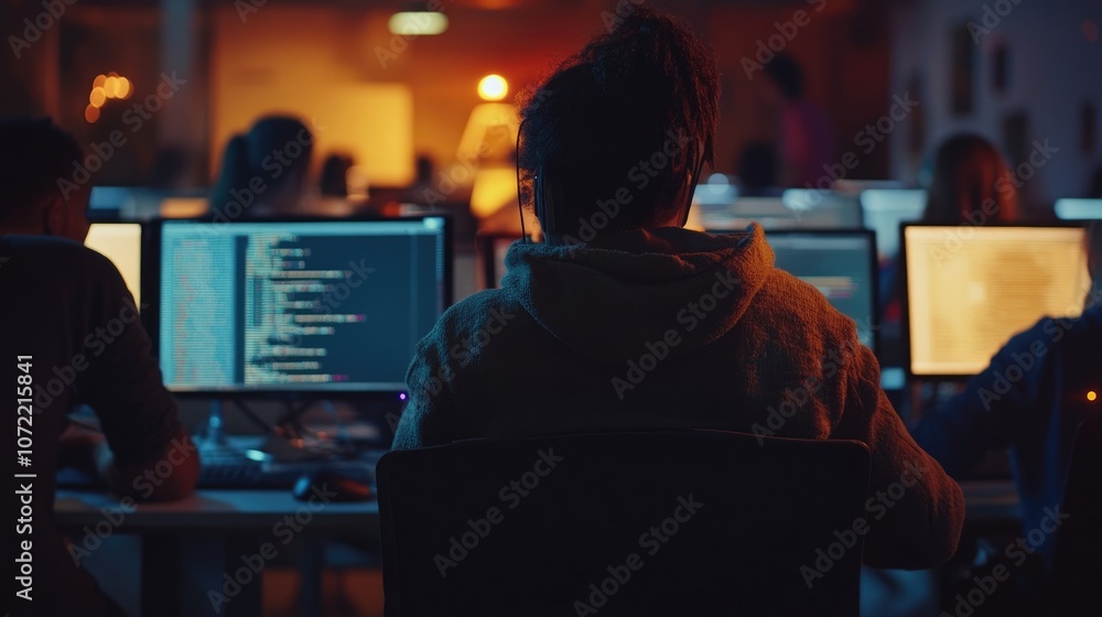 High-Quality Blurred Photo of People Working with Code on Computers in Office, Soft Lighting and Natural Daylight High-Quality Blurred Photo of People Working with Code on Computers in Office, Soft Lighting and Natural Daylight