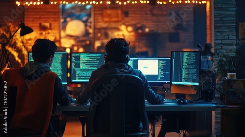 High-Quality Blurred Photo of People Working with Code on Computers in Office, Soft Lighting and Natural Daylight