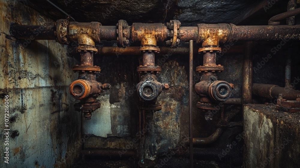 Rusty Pipes and Valves in an Industrial Basement. Rusty Pipes and Valves in an Industrial Basement.